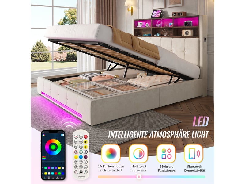  Lit coffre double 160×200 cm avec 6 étagères, usb-c et led réglable - okmyhome- velours beige, sans matelas  - Conforama E