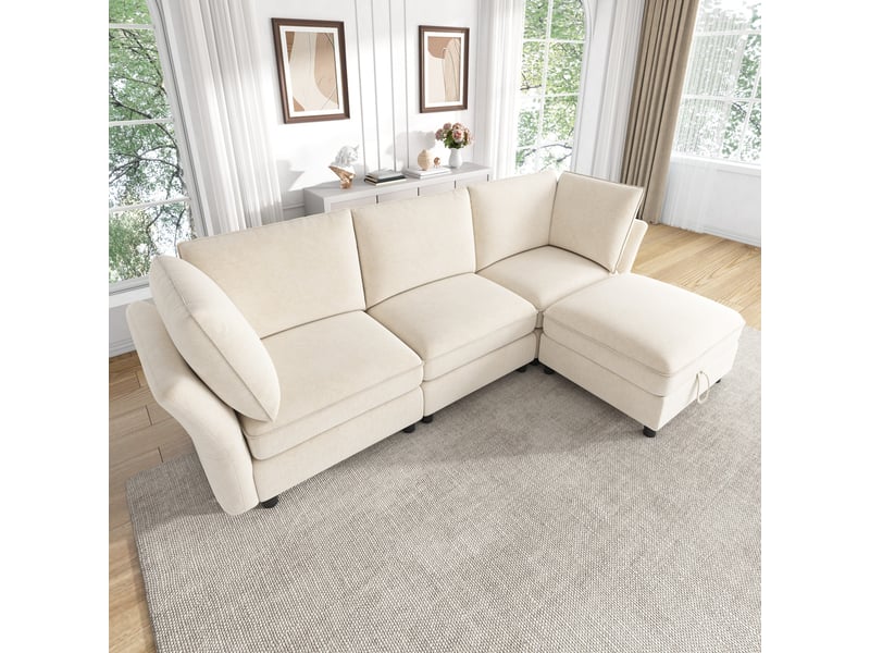 Canapé d'angle modulable en l, 4 places beige avec pouf coffre de rangement, tissu chenille doux, coussins inclus, pour salon et chambre - Conforama B