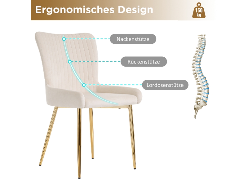  Chaise de salle à manger lot de 6 avec dossier à soutien lombaire  - pieds métal, velours beige et or  - Conforama E
