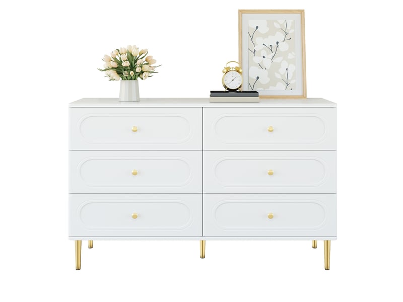 Buffet bas blanc 6 tiroirs avec pieds et poignées en métal, 120 x 40 x 75 cm  - Conforama A