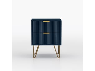 Table de chevet moderne, 40x35.5x50 cm, avec 2 tiroirs, texture rayée, en bois et pieds en métal doré, bleu foncé