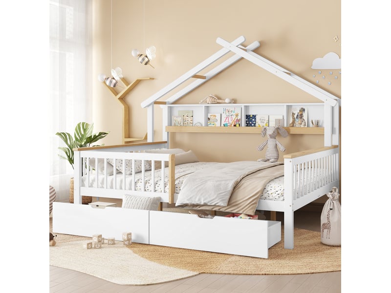  Lit enfant 140x200 cm avec barrières, tiroirs à roulettes et étagère, blanc naturel  - Conforama D
