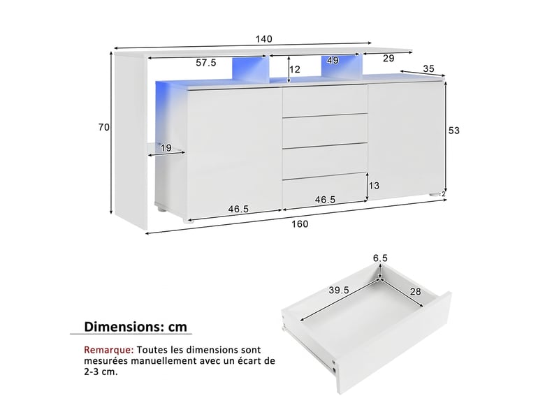 Buffet blanc laqué avec led meuble tv 160 cm moderne 4 tiroirs 2 portes - Conforama C