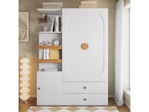 Armoire dressing 125x50x180 cm avec penderie à tringle, 2 tiroirs, étagères ouvertes et rangements fermés, mdf blanc et détails effet bois naturel