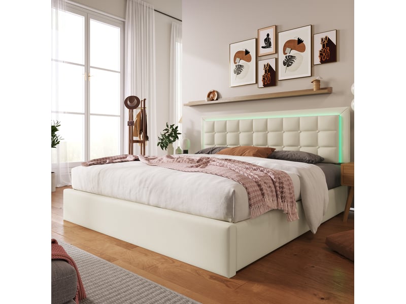 Lit double avec rangement hydraulique et led blanc 160 x 200 cm avec matelas - Conforama B