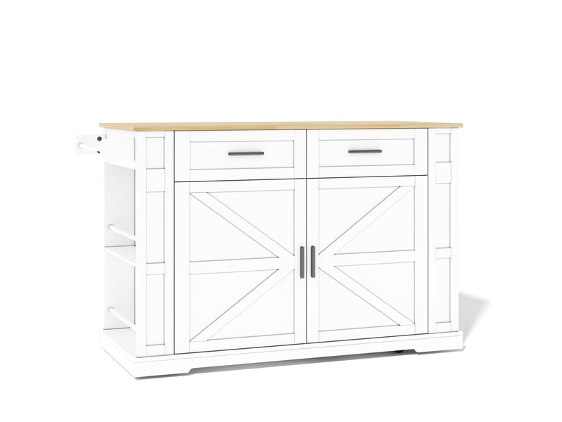  Îlot de cuisine avec plan extensible multiprise 2 tiroirs blanc et chêne  - Conforama A