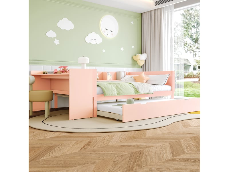 Lit double 140x200 cm avec bureau et lit gigogne, rose, sans matelas - Conforama D