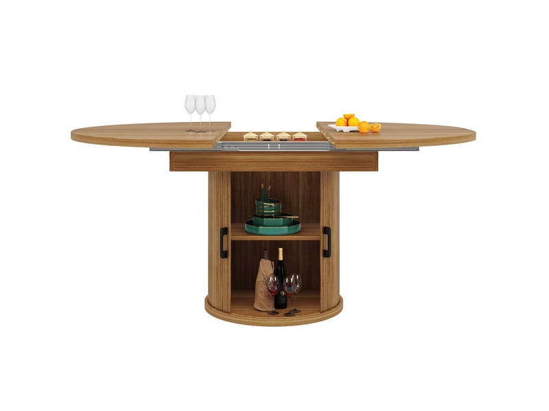  Table de cuisine 118x76, design rétro noyer table à manger, plateau extensible, rangement intégré, pieds réglables  - Conforama E