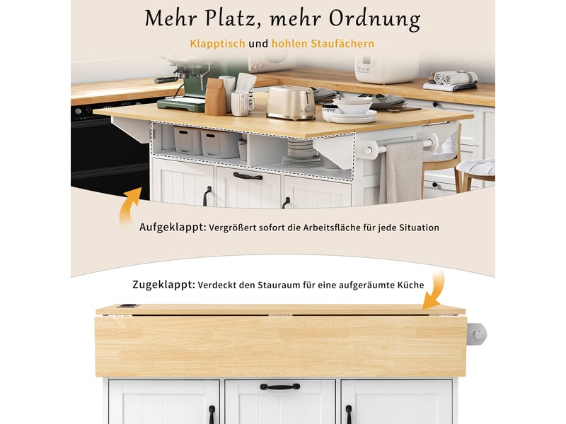  Desserte de cuisine à roulettes avec 2 portes, plateau rabattable, prises et porte-serviettes en mdf, 120×40-80×92 cm  - Conforama E