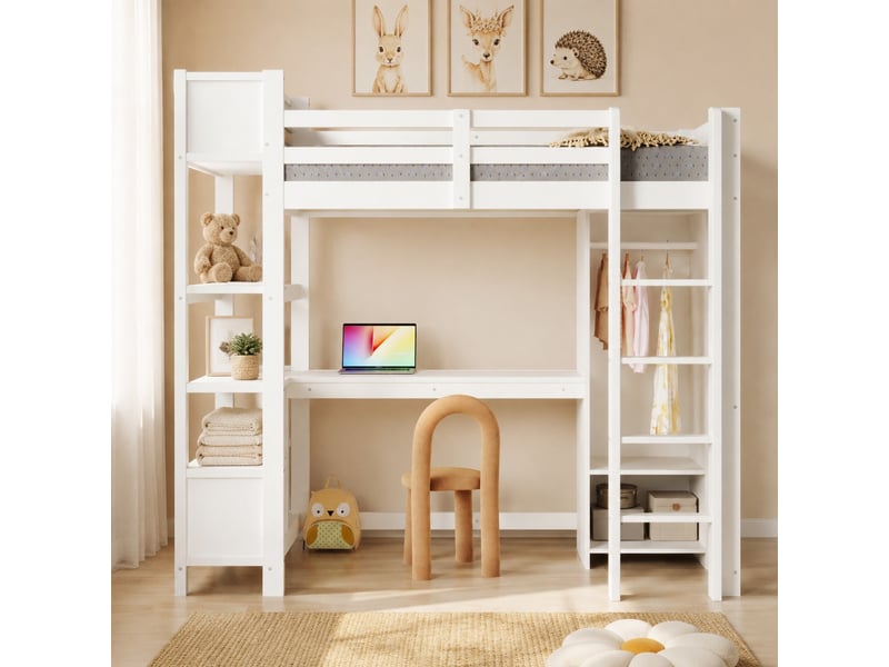  Lit mezzanine enfant 90x200 cm avec bureau et rangement coloris blanc  - Conforama B