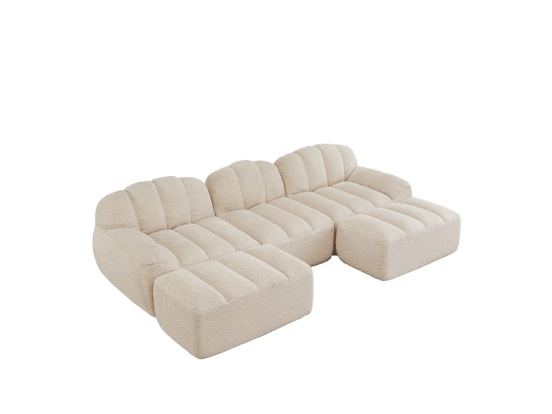  Canapé d'angle modulaire 3 places avec ottomans, assise profonde, en tissu beige blanc  - Conforama A