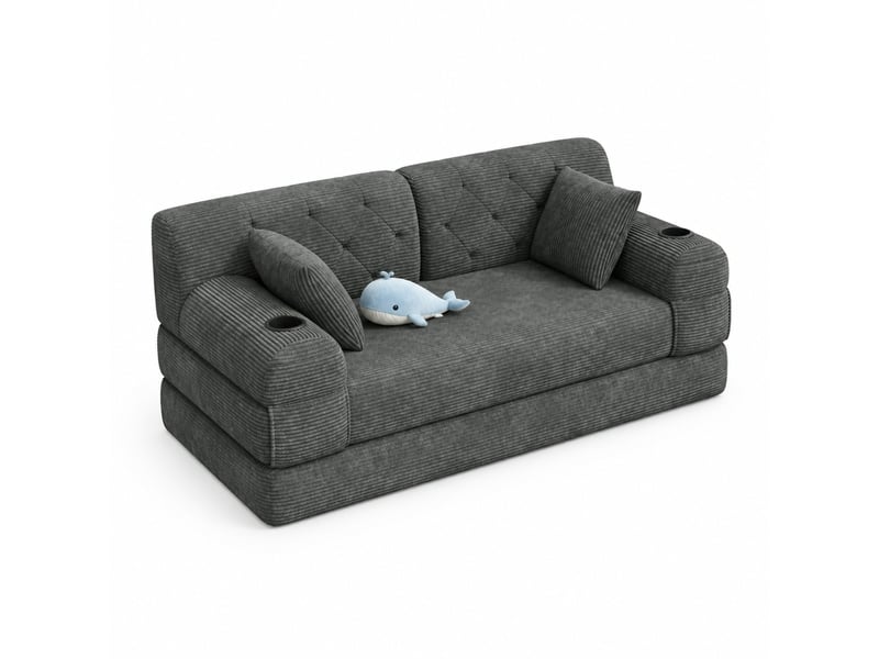  Canapé convertible 2 places 168.00×80.00×81.00 cm en velours côtelé avec poches latérales et porte-gobelets gris foncé chicfurn  - Conforama A