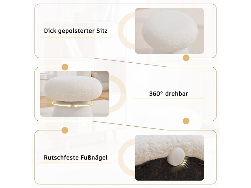 066-tabouret pivotant moderne pour salon chambre à coucher, tabouret rembourré en tissu teddy en forme de champignon créatif avec rotation à 360°, DE-DK-066 WHT - Conforama D