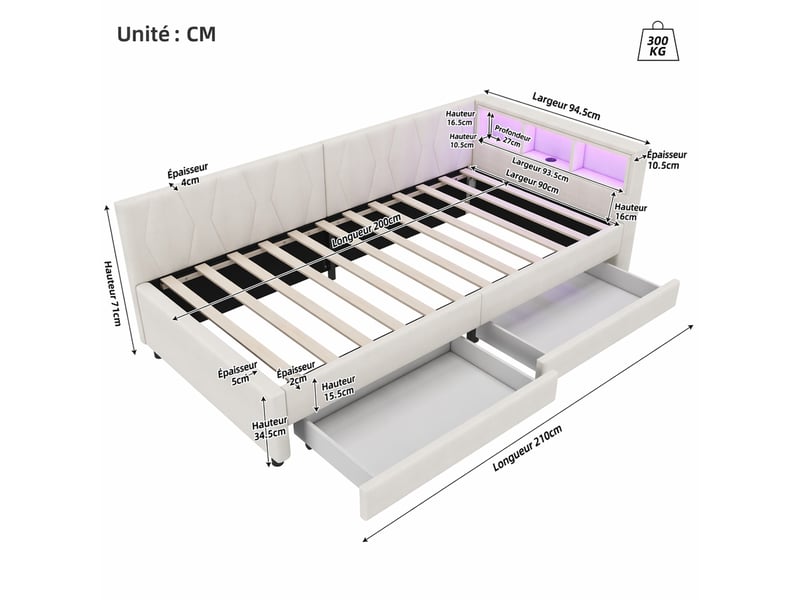  Lit banquette 90 x 200 cm avec deux tiroirs, rangements, éclairage led et ports usb et type c, en lin beige  - Conforama D