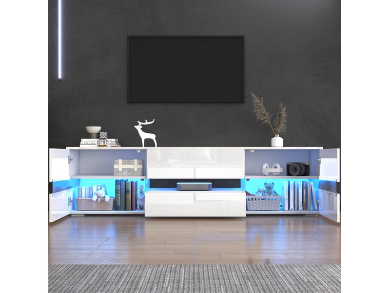 Meuble tv blanc brillant 160 x 39 x 45 cm avec led, 2 portes et 1 tiroir  - Conforama C