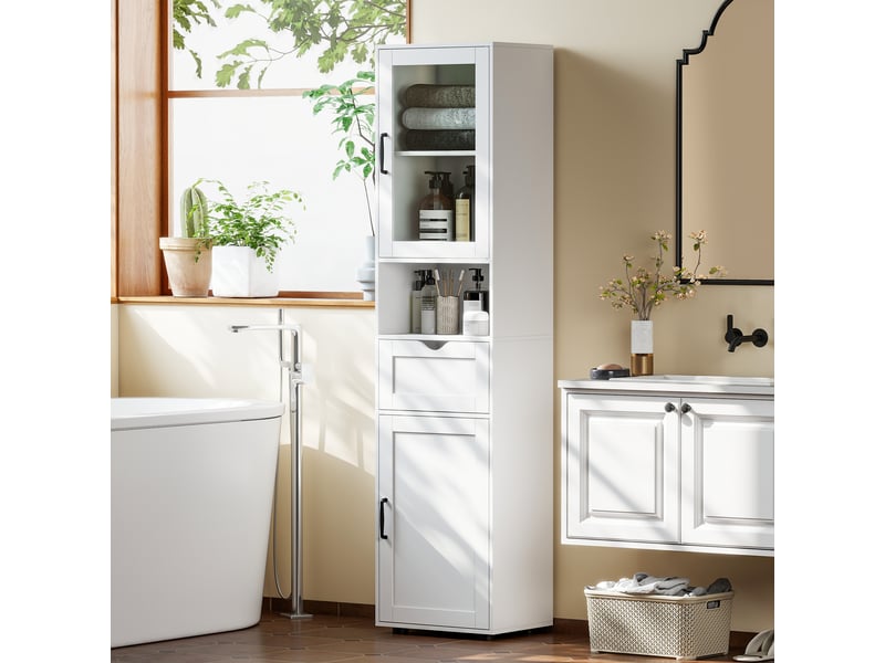  Colonne de salle de bain étroite avec porte vitrée, étagères réglables, tiroir et compartiment ouvert, 40 x 30 x 165 cm, blanche  - Conforama C