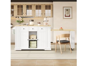 Desserte de cuisine avec table extensible, 2 portes, 2 tiroirs, prises et ports usb pour les repas, blanc naturel
