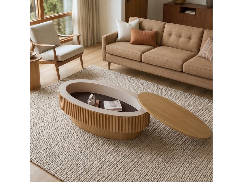  Table basse ovale 98x60 cm rangement caché mdf bois naturel  - Conforama B