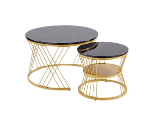 Lot de 2 tables basses gigognes rondes avec plateau brillant effet marbre, design moderne