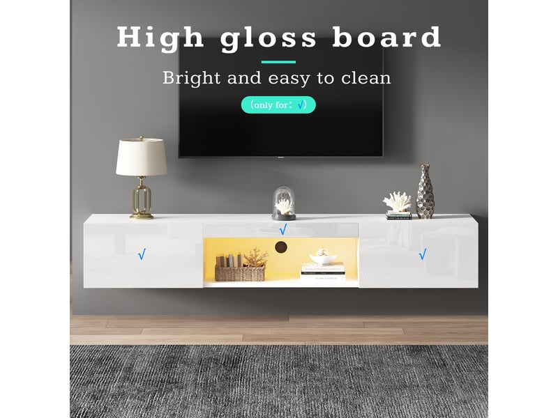  Support tv 160x31x22 cm, commande via application bluetooth, meuble suspendu brillant pour téléviseur 70 pouces avec éclairage led  - Conforama E