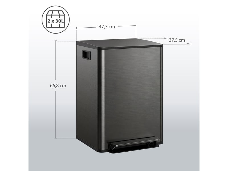  Poubelle à pédale de tri sélectif 2x30l en acier inoxydable noir 47,7x37,5x66,8 cm  - Conforama C