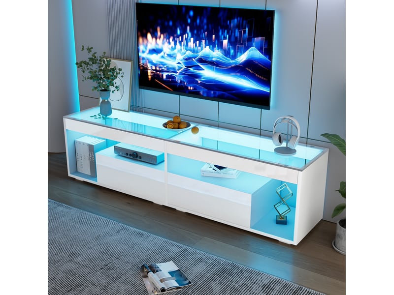  Meuble tv modenvie led blanc brillant 180 x 40 x 46 cm avec 2 tiroirs pour téléviseur jusqu’à 70 pouces  - Conforama E