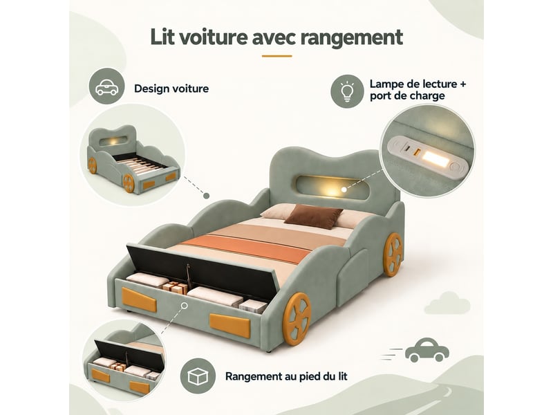 Lit enfant voiture 90 x 200 cm rembourré en flanelle avec led, port de charge et coffre, vert, sans matelas - Conforama D