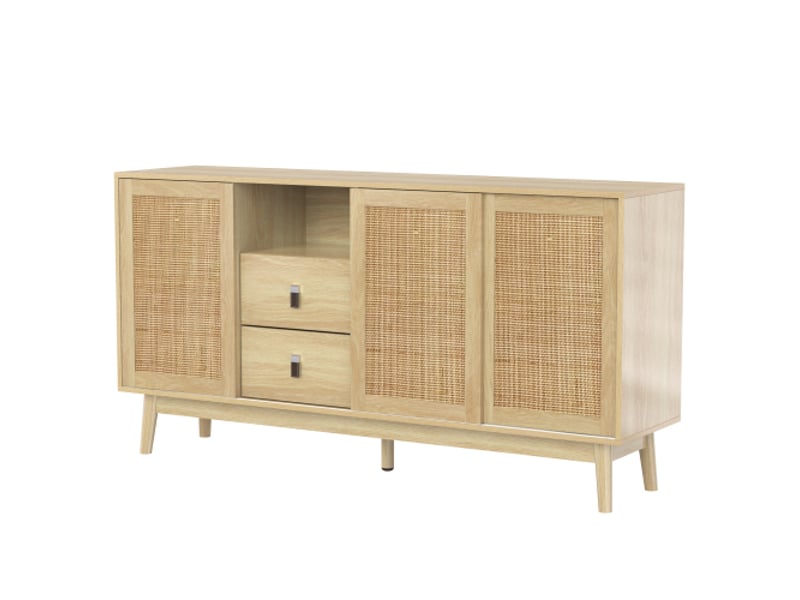  Buffet salon design rotin naturel, 3 portes coulissantes et 2 tiroirs, respirant et spacieux pour le salon  - Conforama D