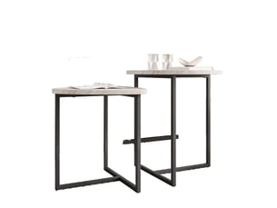 Lot de 2 tables basses gigognes rondes 45x48 cm et 42x40 cm, gain de place, design industriel, métal, chêne blanc américain