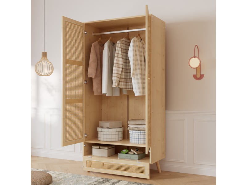  Armoire 2 portes 90x45x183 cm avec tringle, naturel, panneau de particules et pe rotin, rangement inférieur  - Conforama B