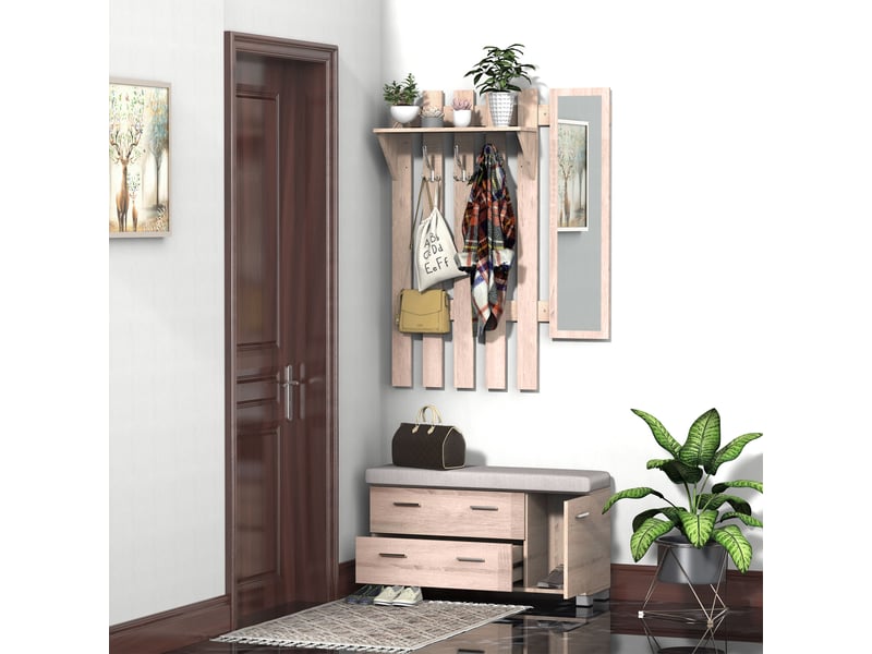  Ensemble de meubles 3 en 1 avec armoire, miroir et étagère à chaussures pour entrée, panneaux de particules, 90 x 21,5 x 116 cm, chêne  - Conforama C