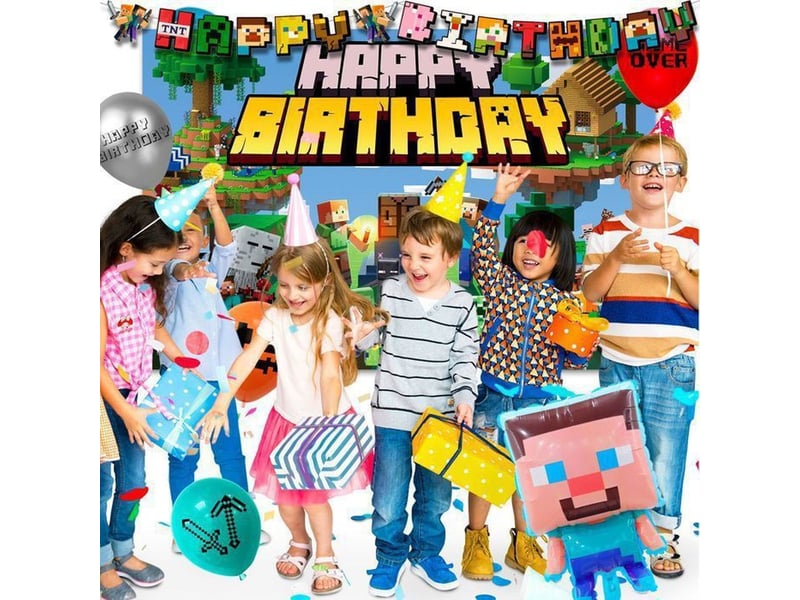  Décoration anniversaire minecraft lot avec bannière, assiettes, gobelets, serviettes, toppers et ballons  - Conforama E