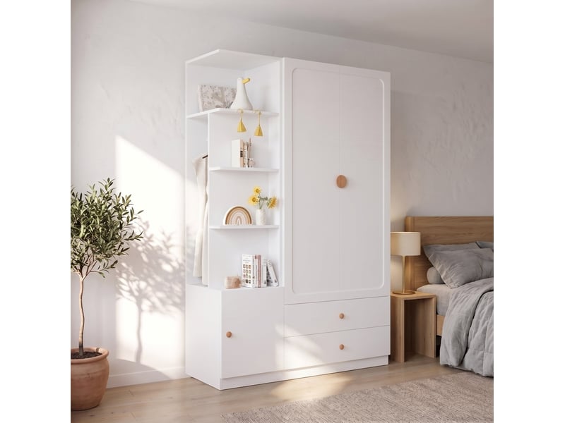  Armoire 135x45x200 cm à portes battantes, 2 tringles, 2 tiroirs, poignées en bois, mdf, bois et métal, blanc  - Conforama E