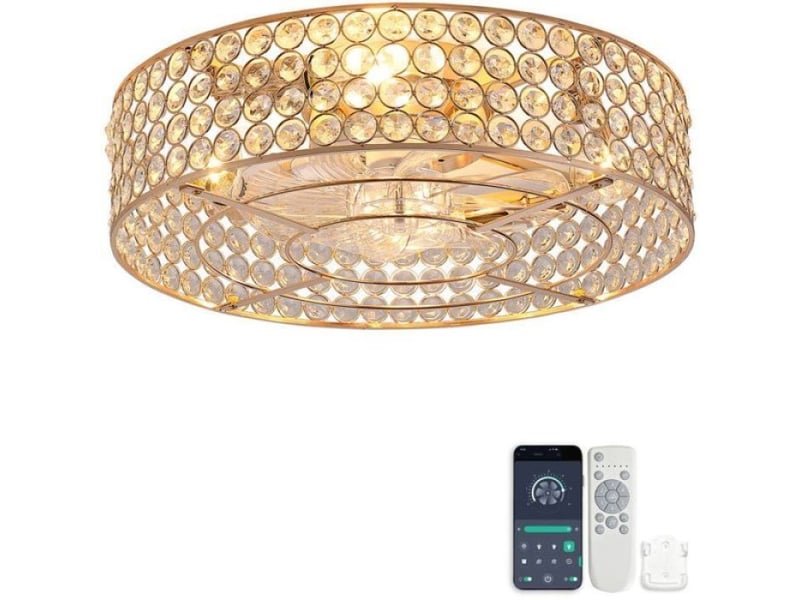  Ventilateur plafond encastrable doré avec cristaux, bluetooth et télécommande, 6 vitesses, réversible  - Conforama A