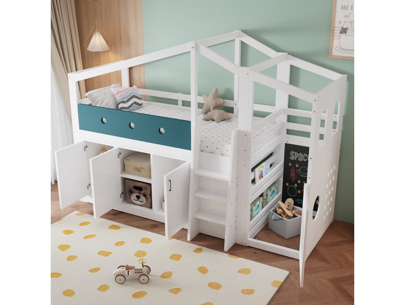  Lit mezzanine 90 × 200 cm avec armoire de rangement, espace de jeu et échelle pour chambre 256,5 × 110 × 190 cm  - Conforama D
