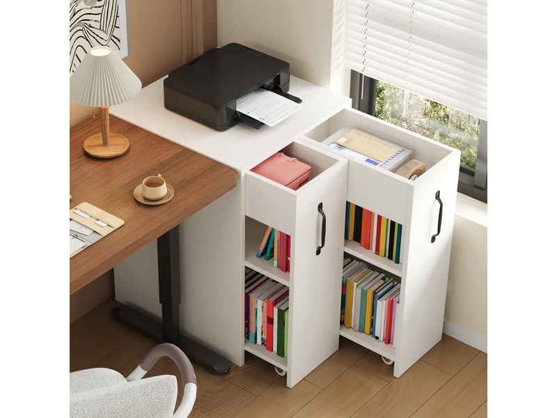  Petite bibliothèque à roulettes 52x50x75cm, table de chevet compacte blanche avec tiroirs, meuble de rangement réversible pour bureau et salon.  - Conforama B