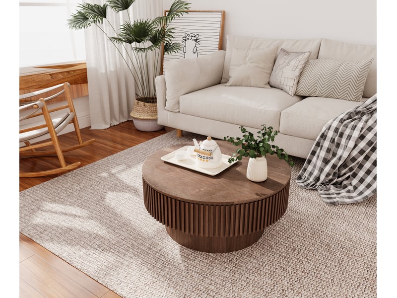  Table basse de salon, 75 cm, forme ronde, avec rangement, en bois massif et placage bois, coloris noyer, pour salon, chambre et bureau  - Conforama W