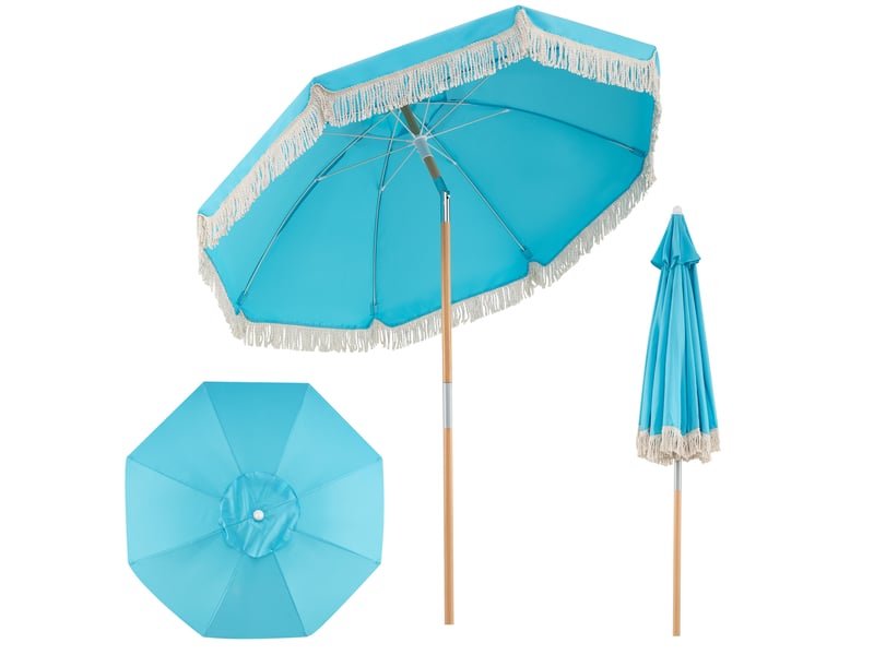  Parasol de plage rond de 170 cm avec mât en bois, parasol d'extérieur inclinable à 30°, 8 baleines et double ventilation.  - Conforama B