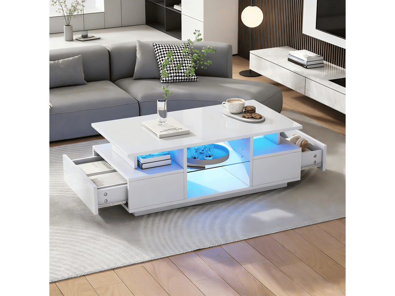  Table basse blanche brillante avec led 2 tiroirs 100x50x36 cm - rangement ouvert en verre  - Conforama R