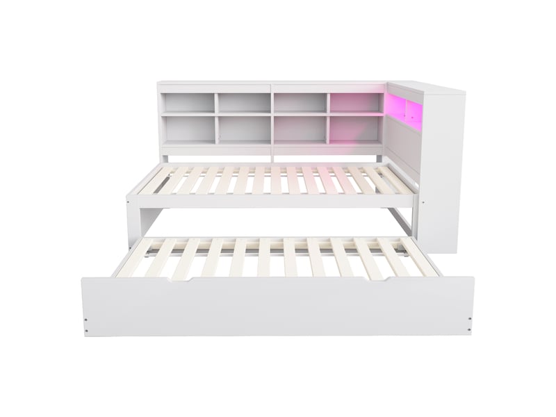  Canapé-lit bois massif blanc 90x200 cm avec rangements, étagères, usb et leds intégrées  - Conforama D