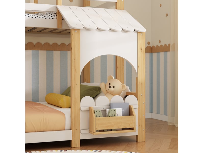 Lit superposé cabane 90x200 140x200 cm avec escalier de rangement bois blanc sans matelas - Conforama E