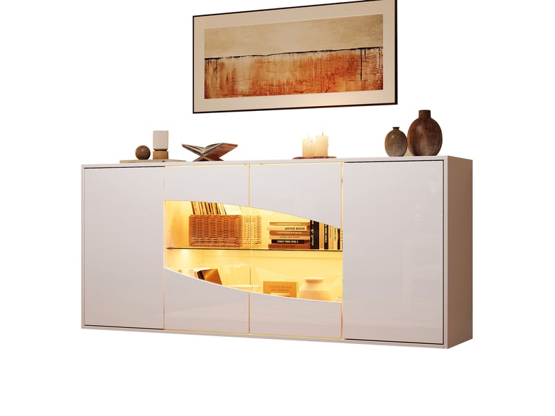  Buffet 160 cm 4 portes blanc brillant avec led et vitrine  - Conforama A
