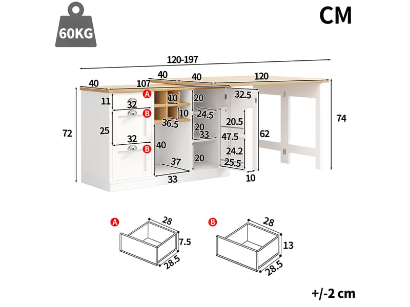  Ilot de cuisine 1 porte 3 tiroirs coloris blanc mdf  - Conforama C