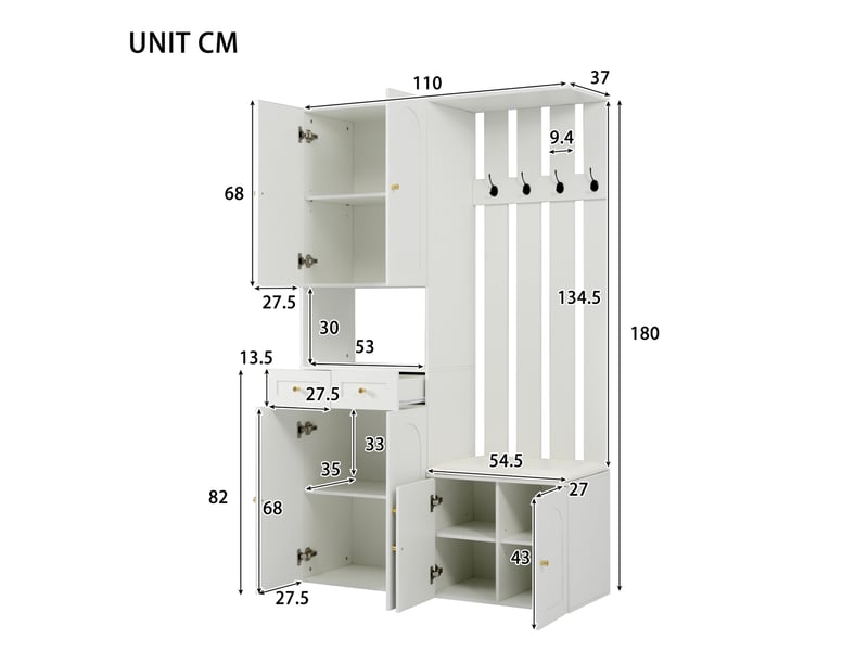 Meubles d'entrée avec banc, 6 portes, 2 tiroirs et 4 patères pour chaussures et accessoires, blanc, 110 × 37 × 180 cm - Conforama E