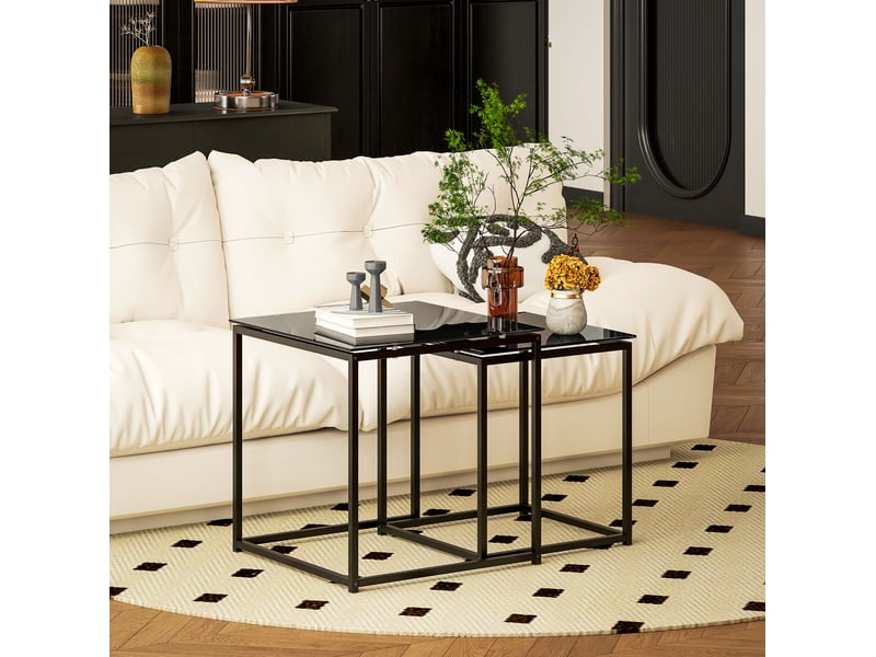 Tables basses gigognes 2 pièces avec plateaux en verre trempé et structure en acier noir, rangement compact pour salon - Conforama E