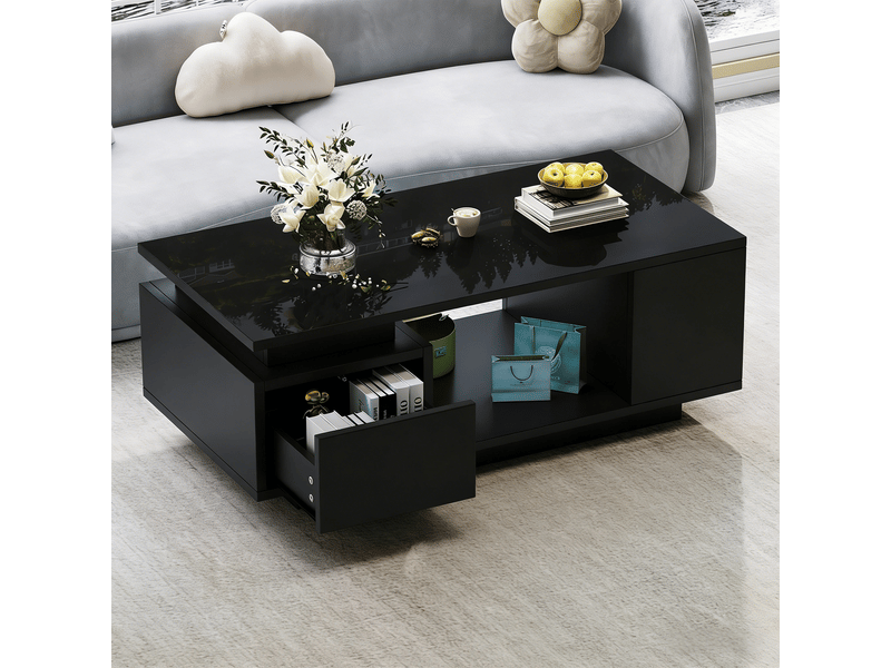  Table basse noire avec led 100x50 cm - table de salon avec tiroir et rangements finition brillante  - Conforama D