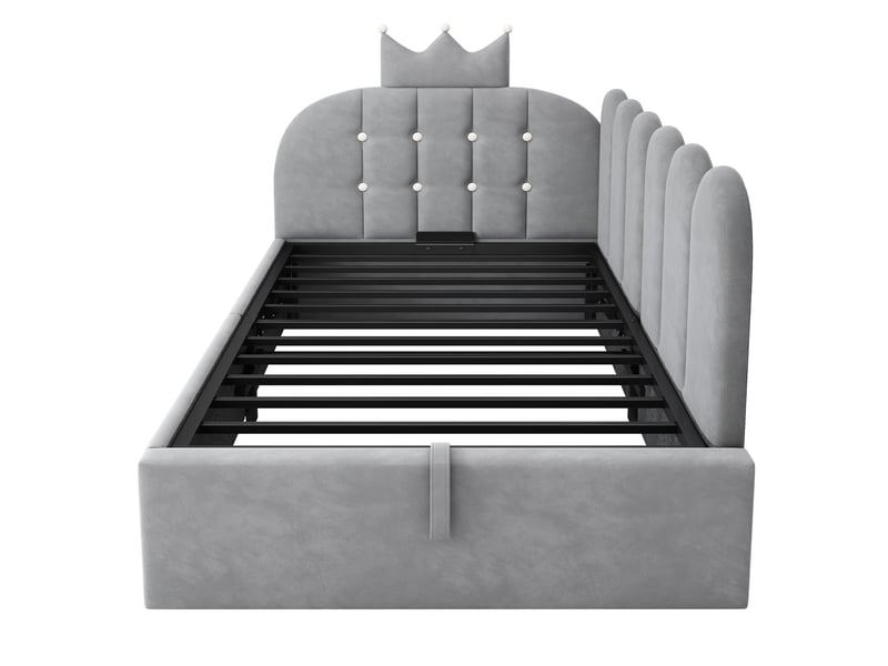  Canapé-lit rembourré 90 x 190 cm, avec espace de rangement, en l, orné d'un motif en treillis en forme de couronne, en velours,  gris  - Conforama R
