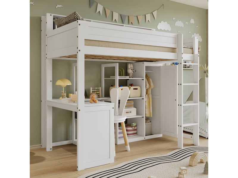  Lit mezzanine 90x200 cm avec table et armoire, lit superposé , lit enfant avec étagères et échelle à quatre niveaux, pin+mdf, blanc  - Conforama W