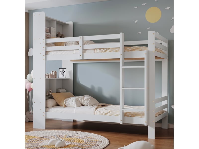 Modenvie lit superposé 90x200 cm - avec étagères de tête, échelle 3 marches, sans matelas - blanc - Conforama D