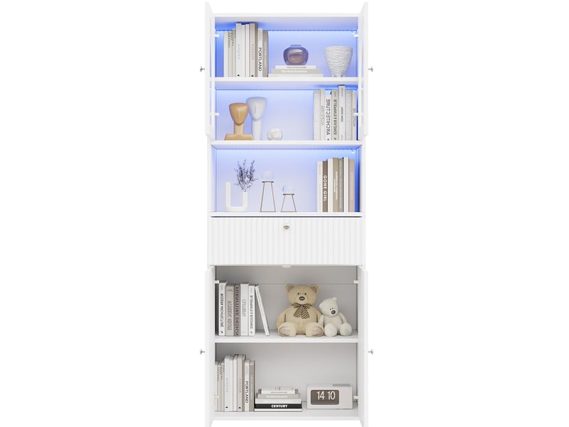  Vitrine bibliothèque led rgb avec portes vitrées et tiroir, 70 x 35 x 180 cm, mdf et verre blancs  - Conforama R